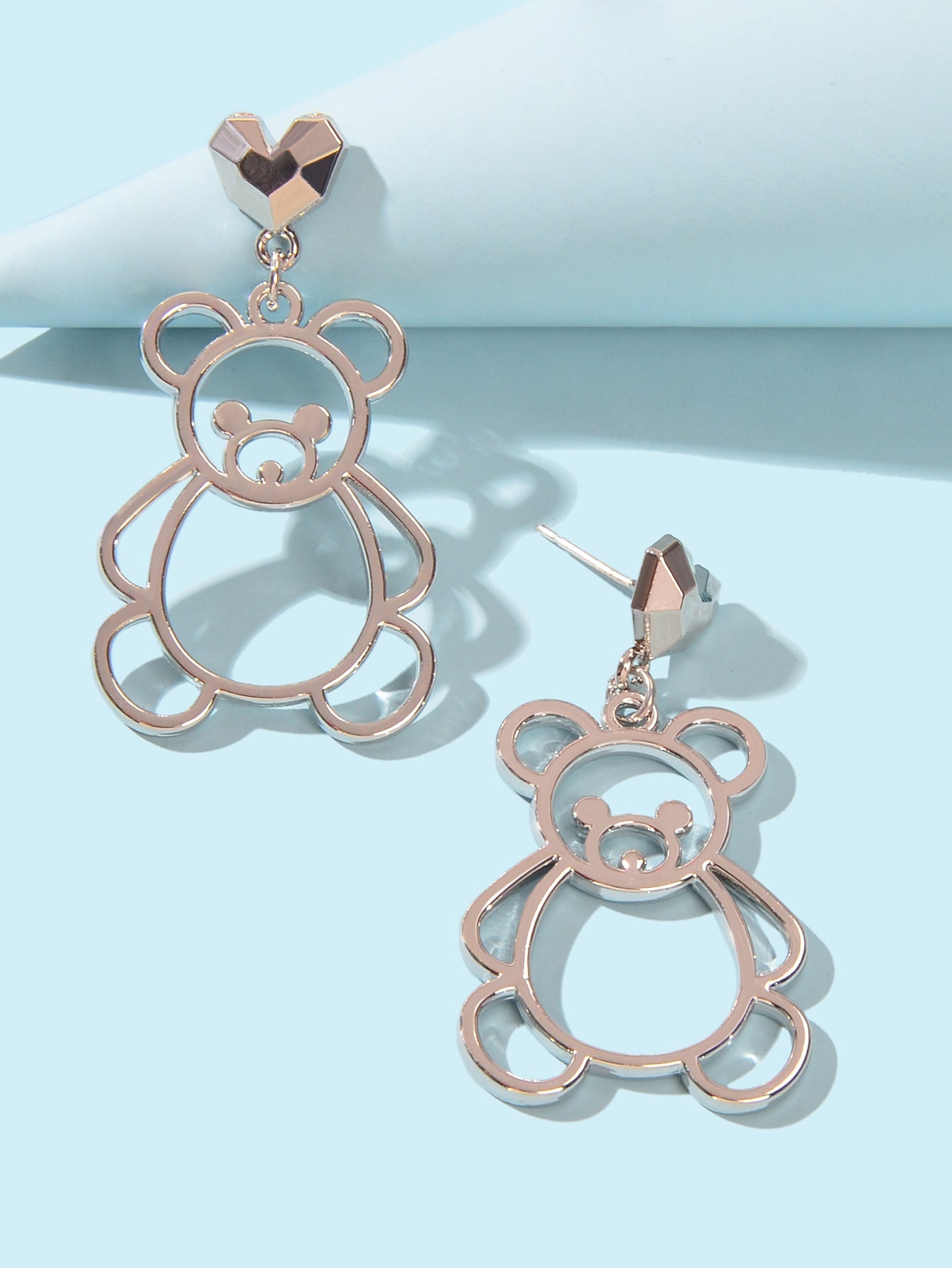 Lovely Silver Hollow Bear Dangle Design Pierced Dainty Heart Stud Earrings Gift-2