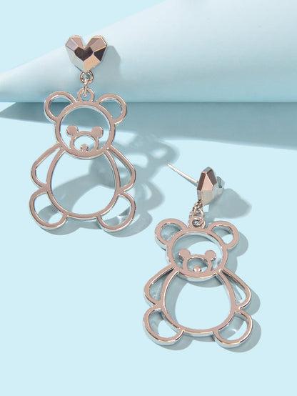 Lovely Silver Hollow Bear Dangle Design Pierced Dainty Heart Stud Earrings Gift-2
