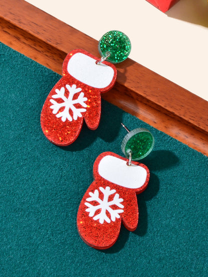 Christmas Series Jewellery Gift Snowflake Pattern Red Glove Dangle Stud Earrings-2
