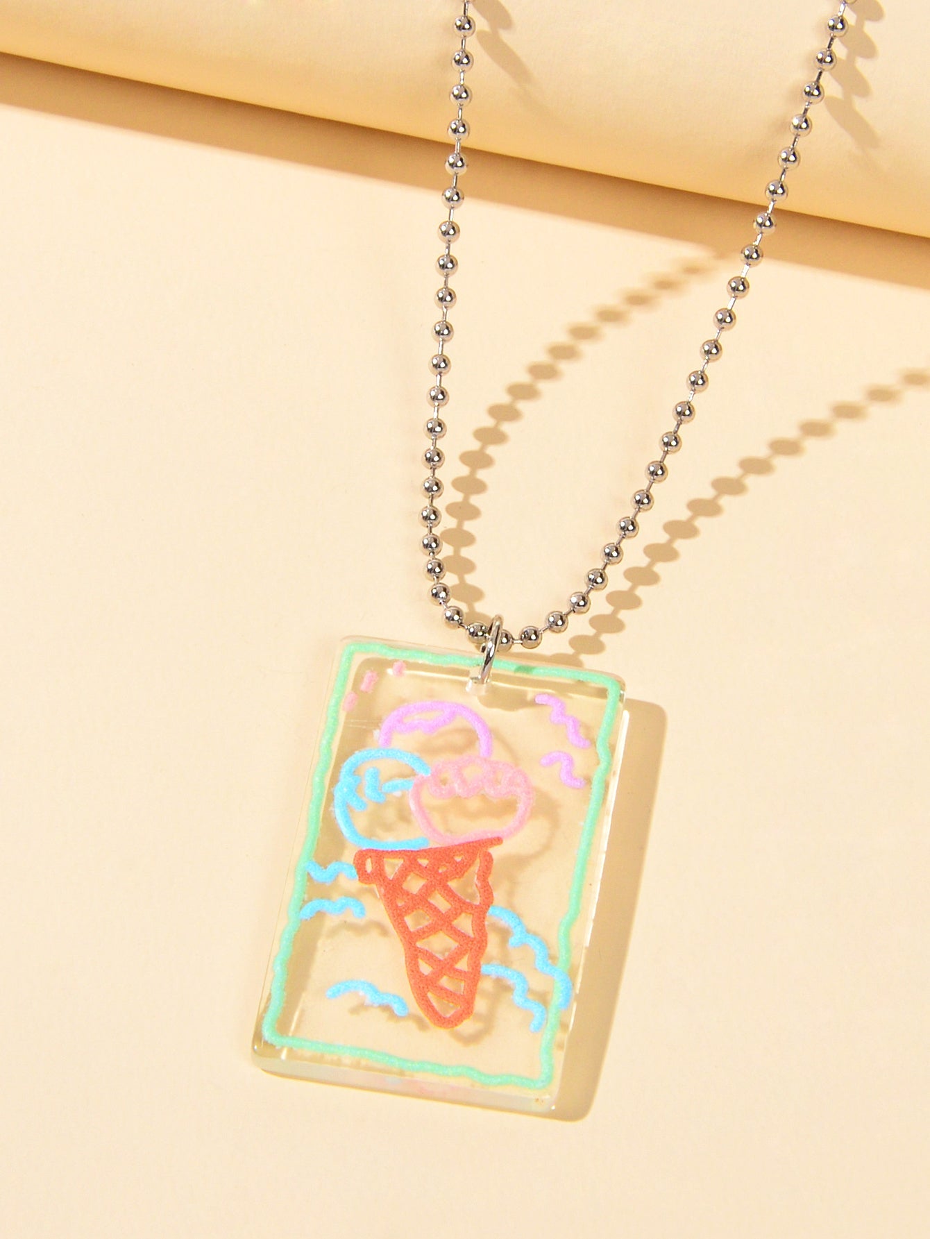 Long Silver Chain Resin Ice Cream Square Charm Necklace Best Friends Funny Gift-2