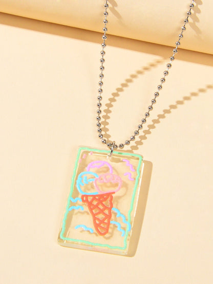 Long Silver Chain Resin Ice Cream Square Charm Necklace Best Friends Funny Gift-2