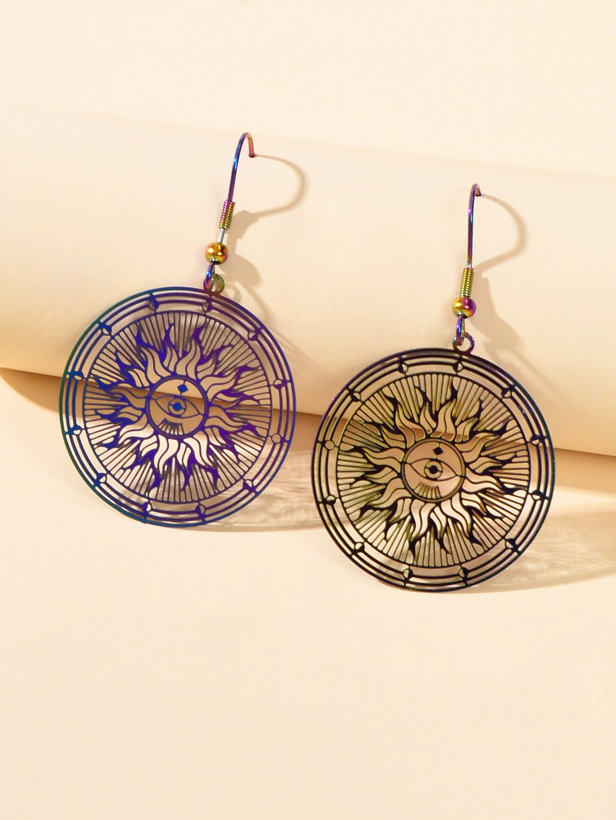 American Indian Ethnic Metal Hollow out Rouns Sun Eye Statement Dangle Earrings-2