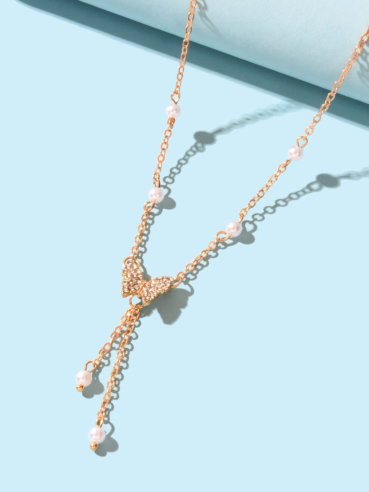 Personalized Gold Plated Dainty Buttefly Lariat Y-Shaped Necklace Pearl Jewelry-2