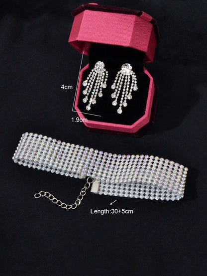Silver Colour Full Crystal Short Choker Necklace & Tassel Earrings Jewellery Set-3