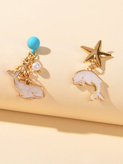 Nautical Jewelry Blue Beads Star Shell Dolphin Asymmetric Dangle Ocean Earrings-0