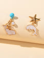 Nautical Jewelry Blue Beads Star Shell Dolphin Asymmetric Dangle Ocean Earrings-0