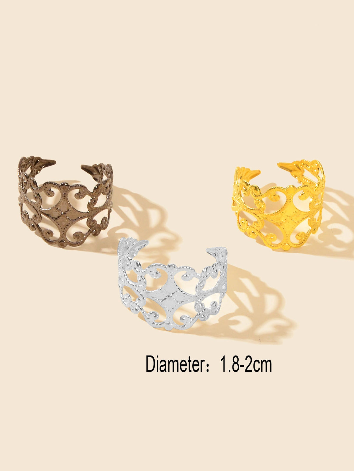 Retro Court Style 3pcs Gold Silver Geometric Flower Open Cuff Stackable Ring Set-2