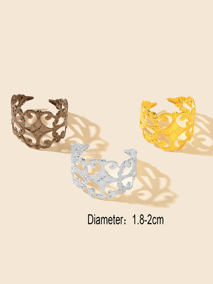 Retro Court Style 3pcs Gold Silver Geometric Flower Open Cuff Stackable Ring Set-2