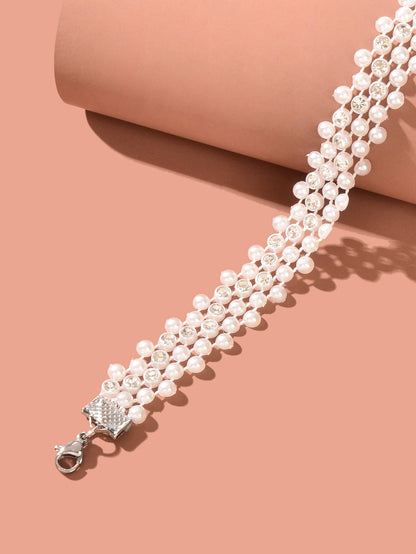 Retro Imitation Pearl Rhinestone Multi-layer Chain Hollow Short Choker Necklace-2
