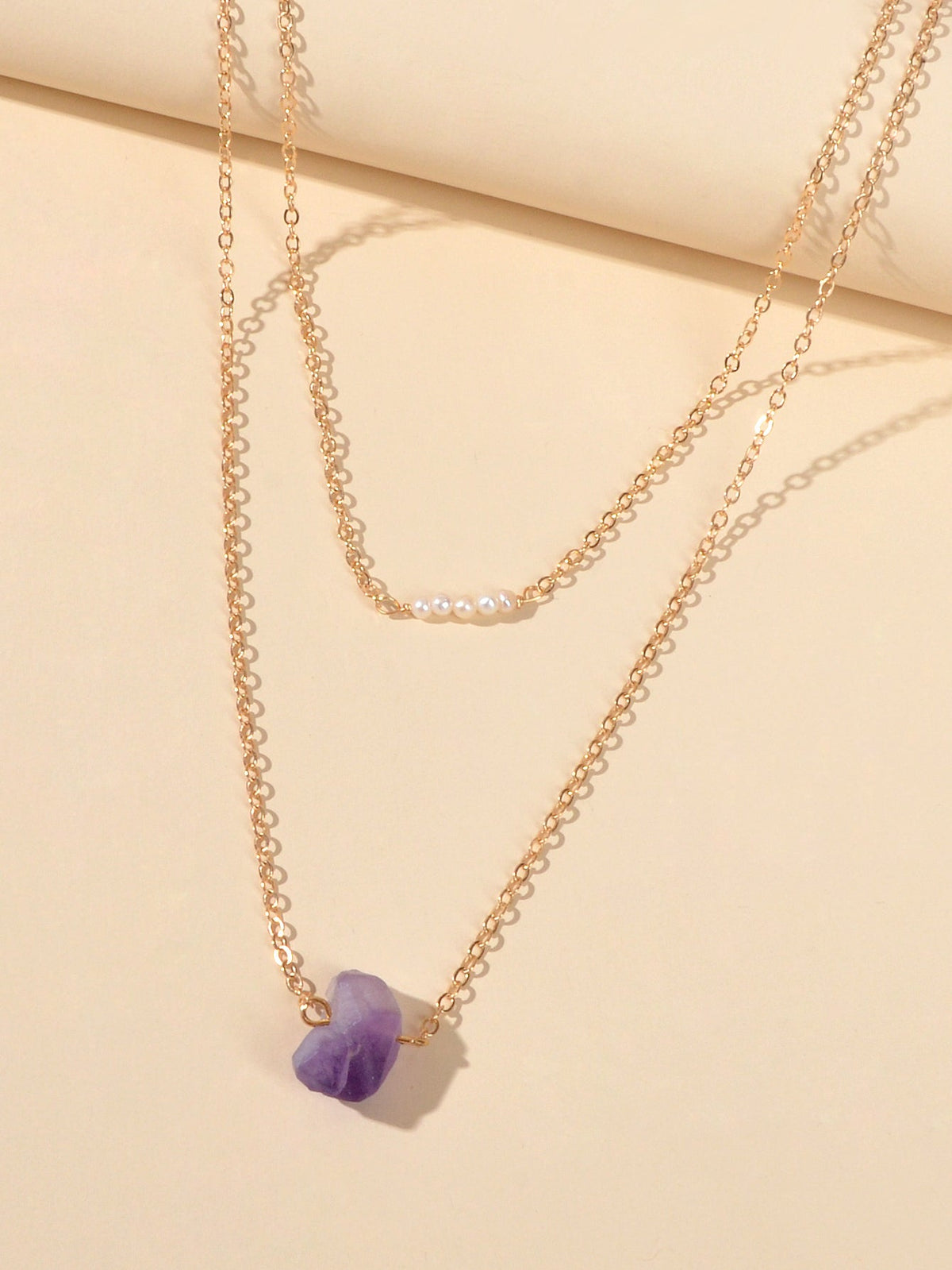 Boho Chic Jewellery Pearl Decor Double layer Chain Purple Stone Pendant Necklace-2