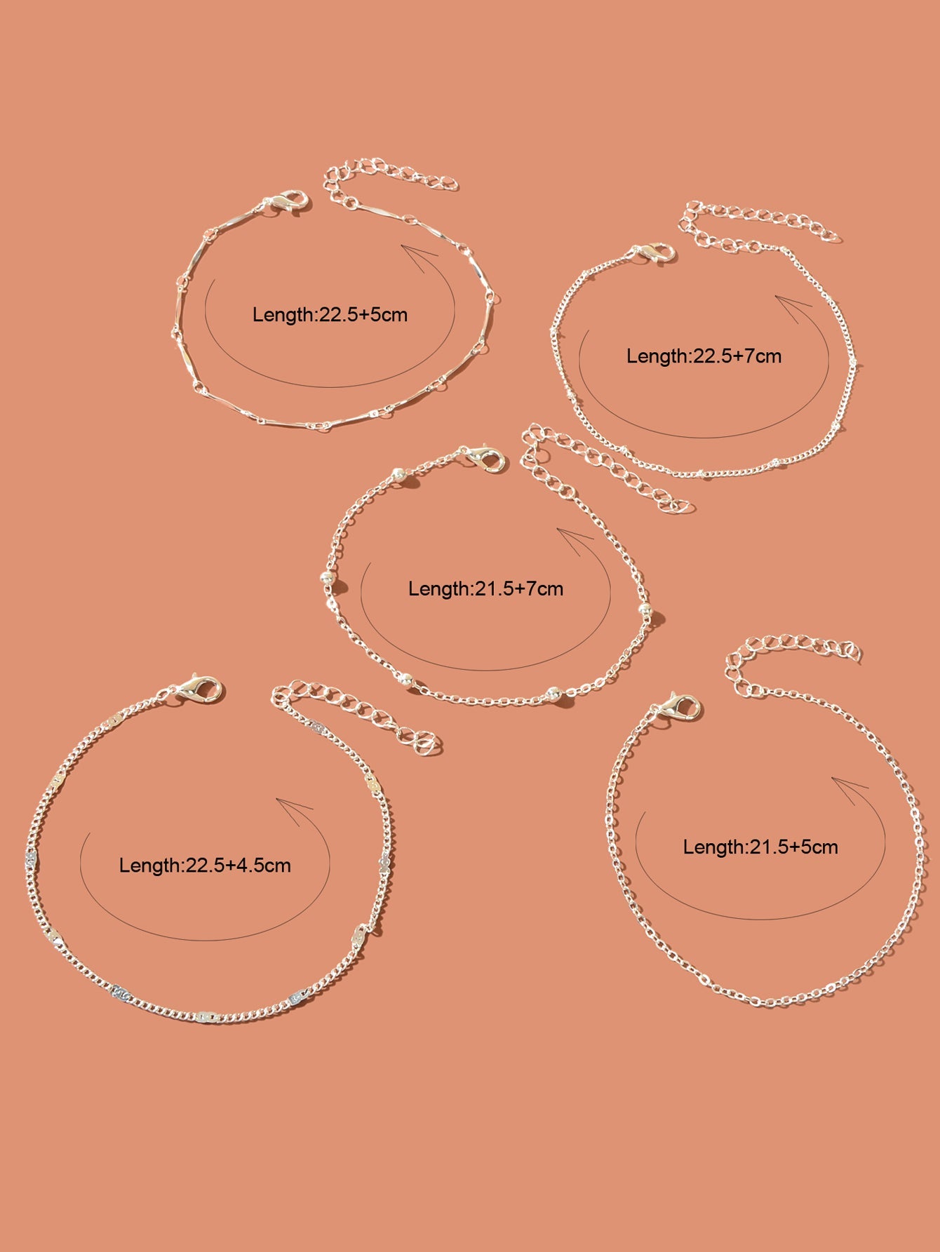 5 pcs Layered Multiple Silver Chain Stackable Anklets Beach Foot Jewellery-2