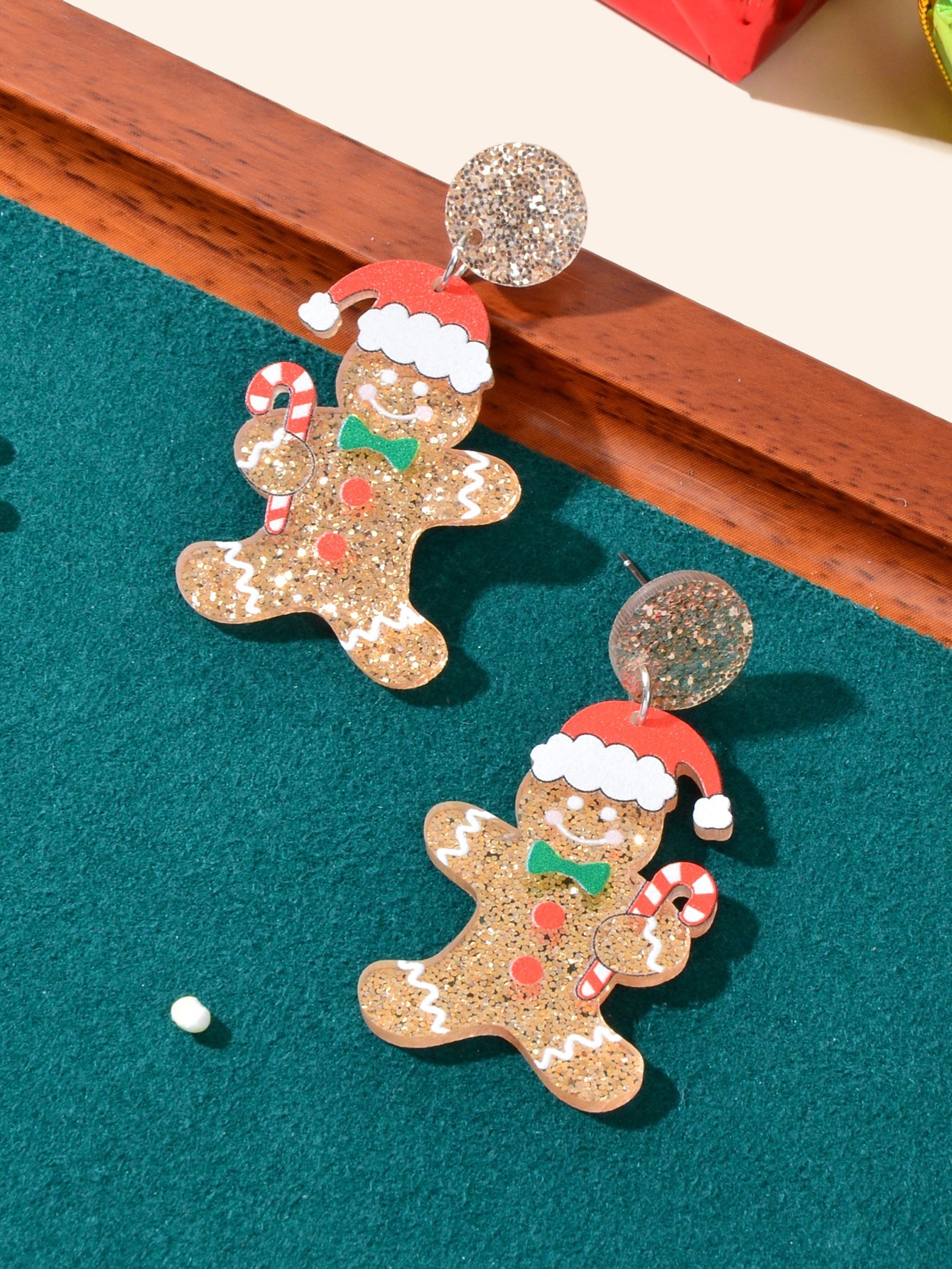 Christmas Gift Sparkling Acrylic Gingerbread Man with Candy Cane Dangle Earrings-2