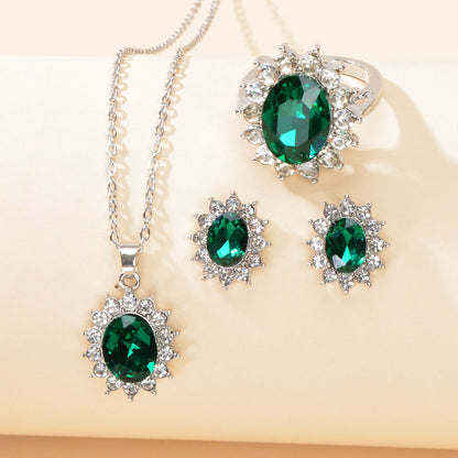 Crystal Flower Necklace Stud Earrings Finger Ring Luxury Wedding Jewellery Set-2