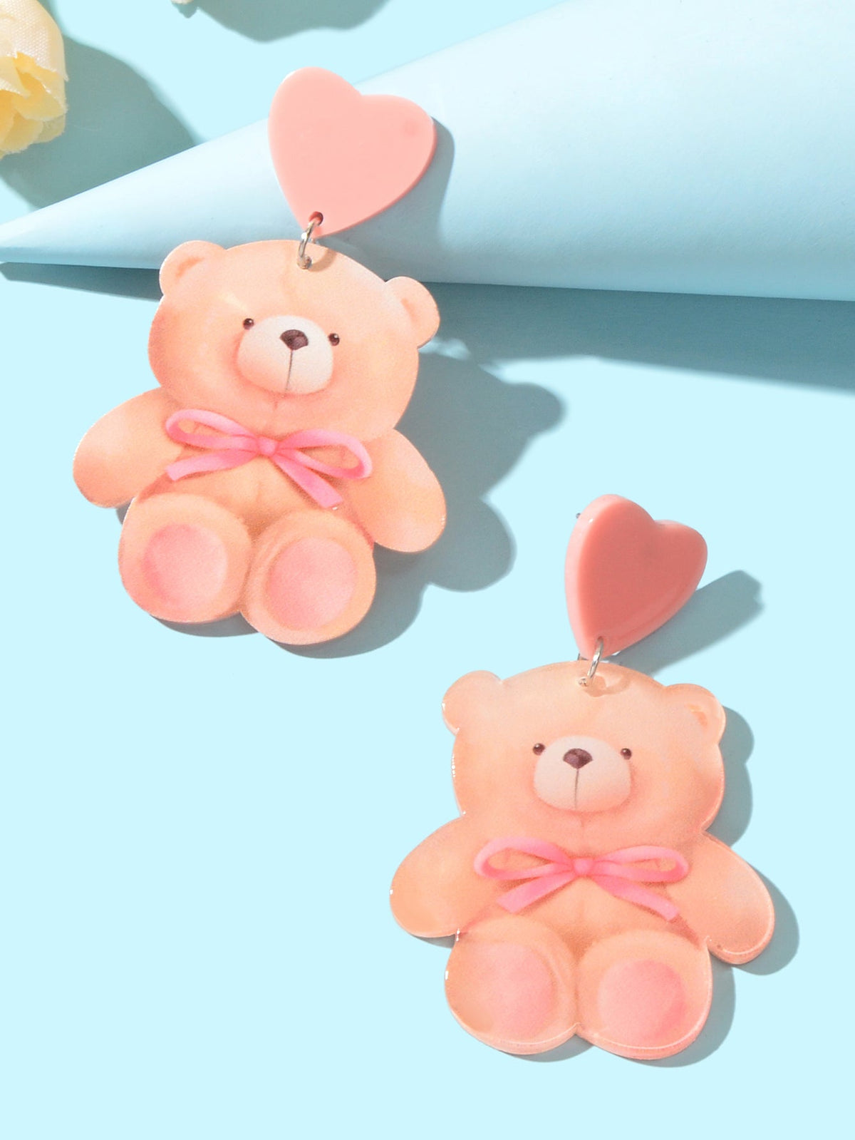 Super Sweet Pink Heart Bowknot Bear Acrylic Dangle Stud Earrings Birthday Gift-2