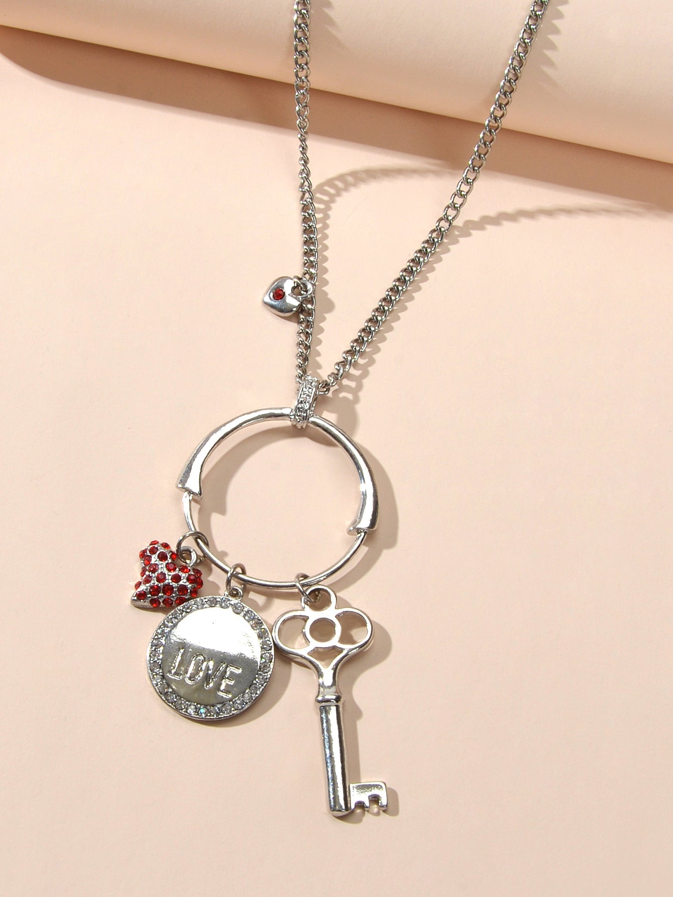 Gift Jewellery Women Girls Long Silver Chain Love Round Heart Key Charm Necklace-2