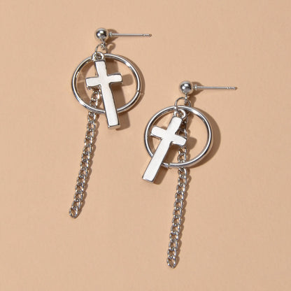 Hip Hop Punk Goth Style Silver Circle Chain Cross Dangle Earrings Female Jewelry-2