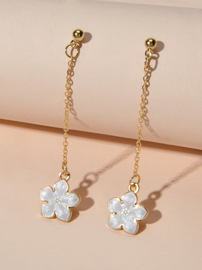 Charming White Black Enamel Long Chain Flower Pendant Dangle Pierced Earrings-2