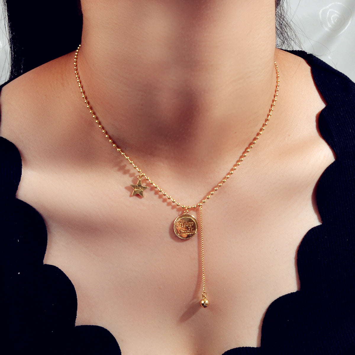 Dainty Party Jewellery Gold Popcorn Chain Luck Letter Star Round Charm Necklace-2