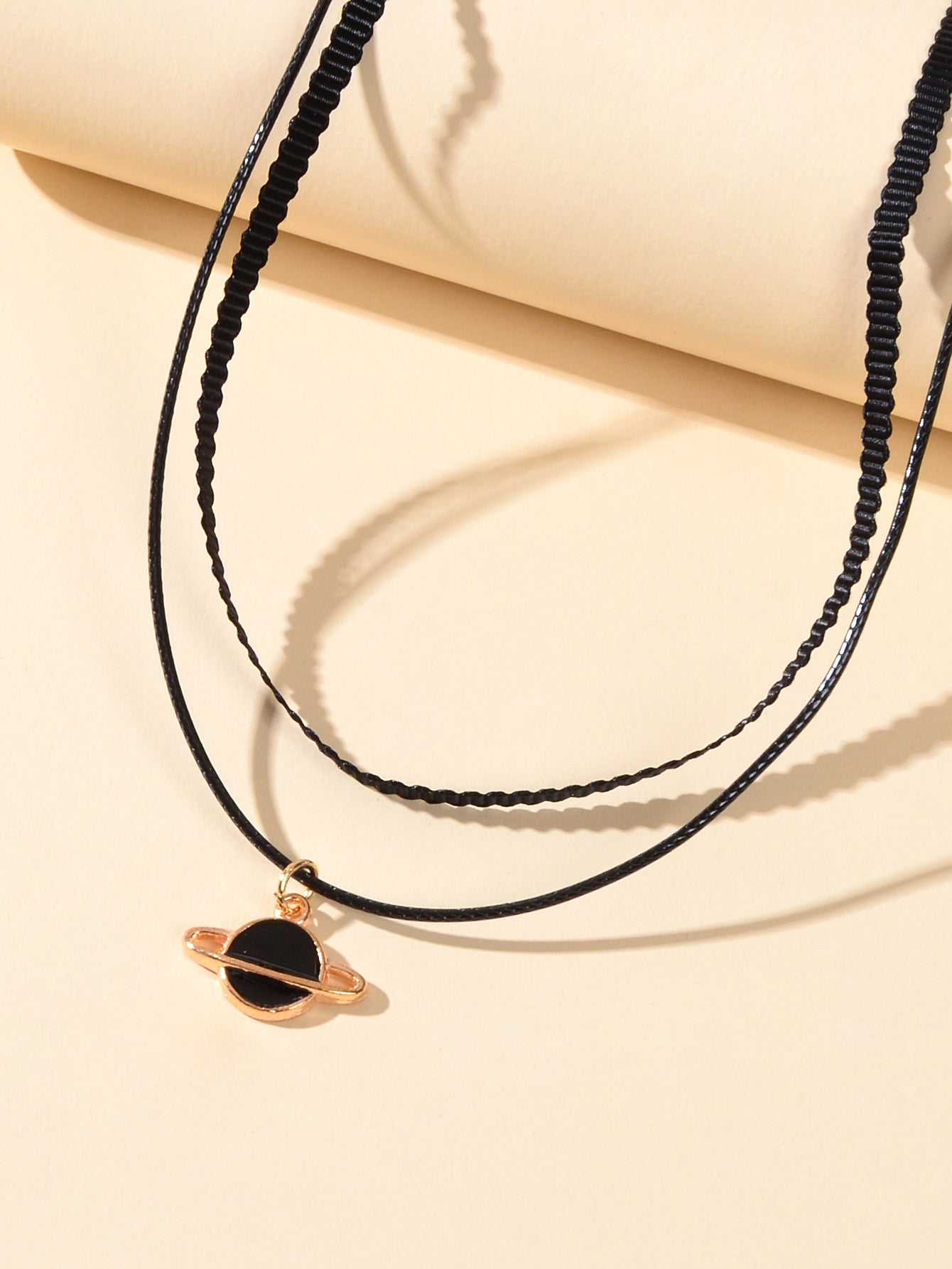 90s Gothic Planet Charm Black Rope Layered Necklace Tattoo Choker Grunge Collar-2