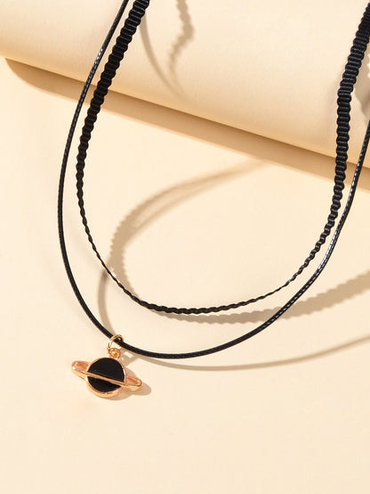 90s Gothic Planet Charm Black Rope Layered Necklace Tattoo Choker Grunge Collar-2