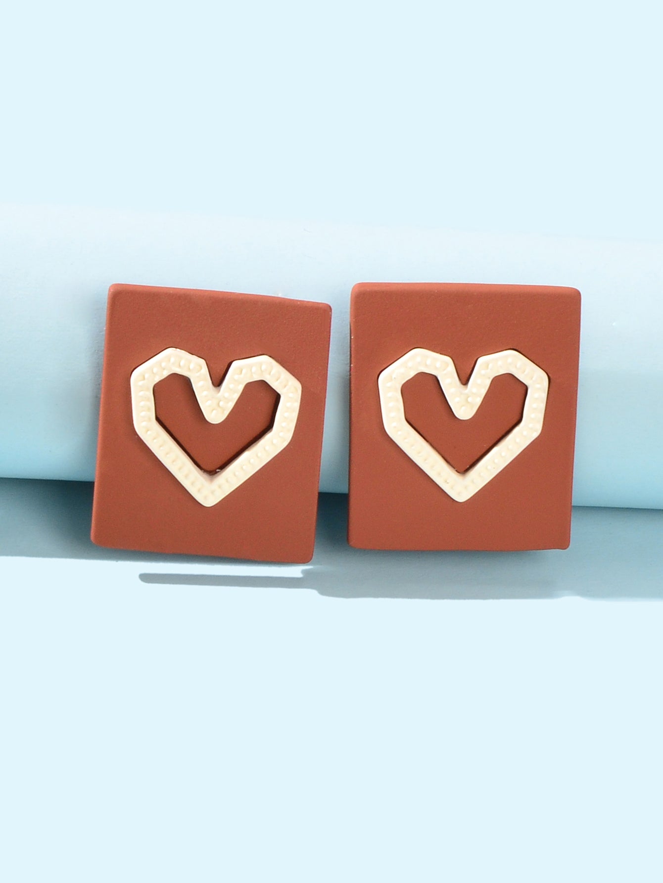Girlfriend Gift Jewellery Love Heart Brown Square Stud Hypoallergenic Earrings-2