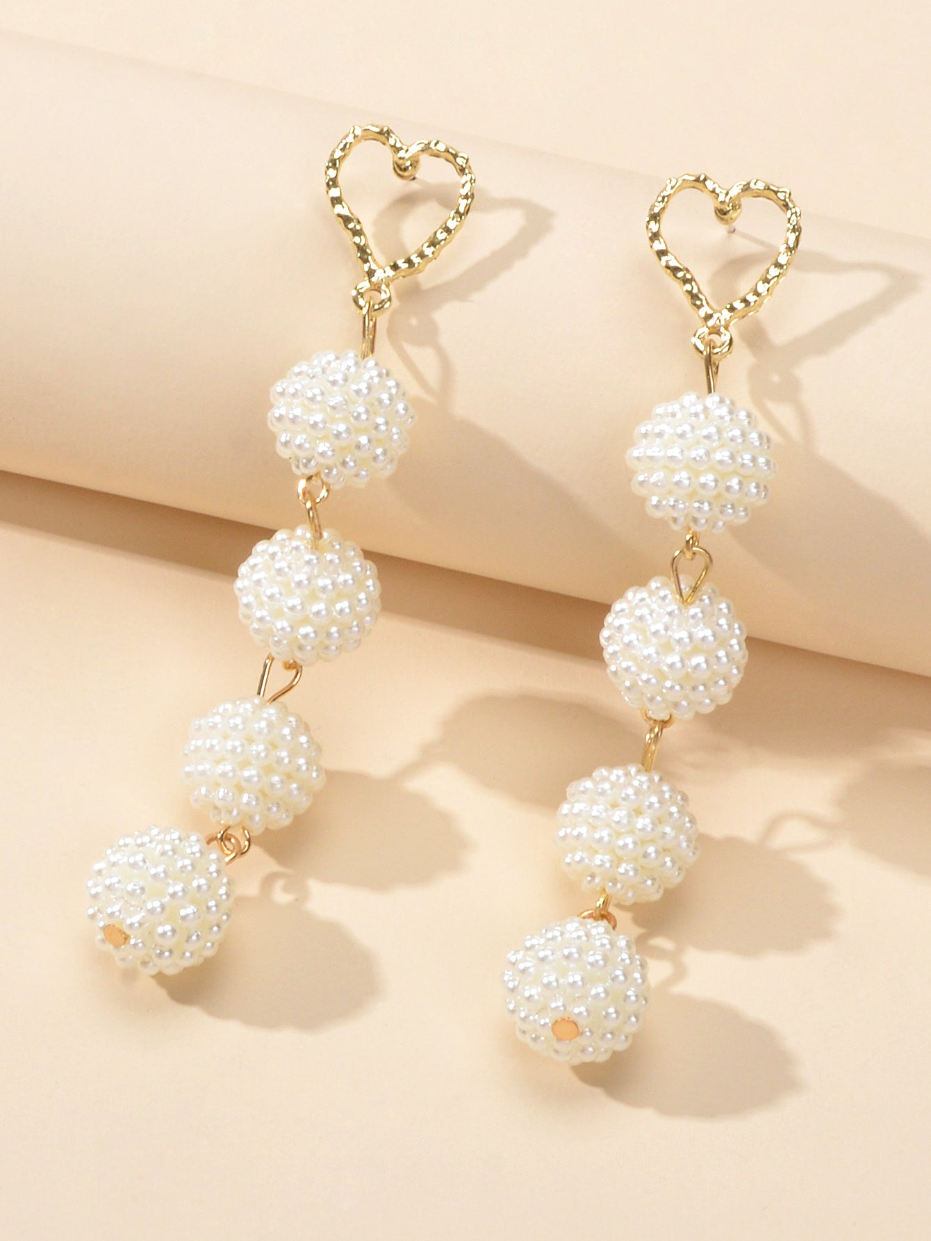 Beautiful White Beads Ball Gold Heart Long Dangle Earrings Perfect Wedding Gift-2