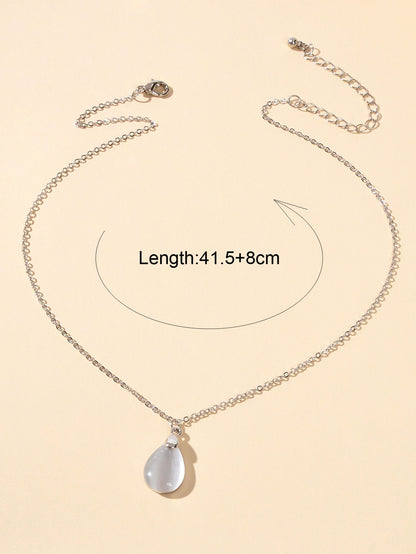 Textured Jewelry Silver Chain Opal Water Drop Charm Necklace Gift for Women Girl-2