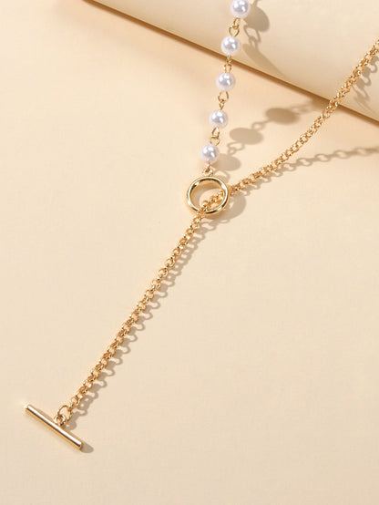 Ladies Jewelry Accessories Pearl Gold Chain Bar Charm Dangle Y Lariat Necklace-2