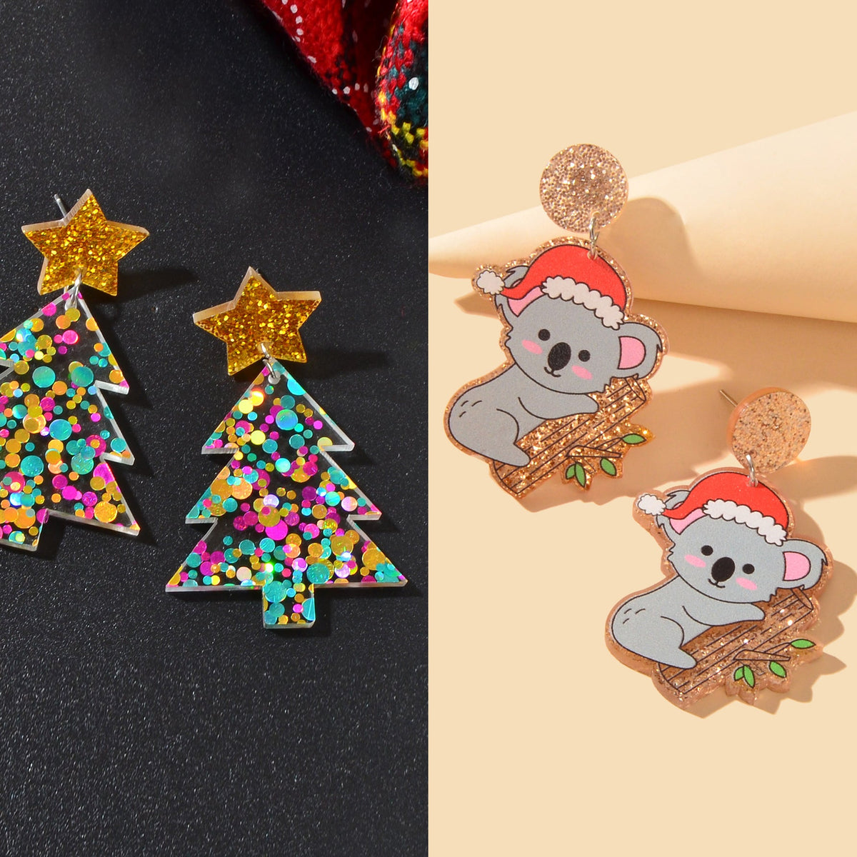 2 pairs Christmas Festival Jewelry Sequin Decor Acrylic Tree Koala Earrings set-3
