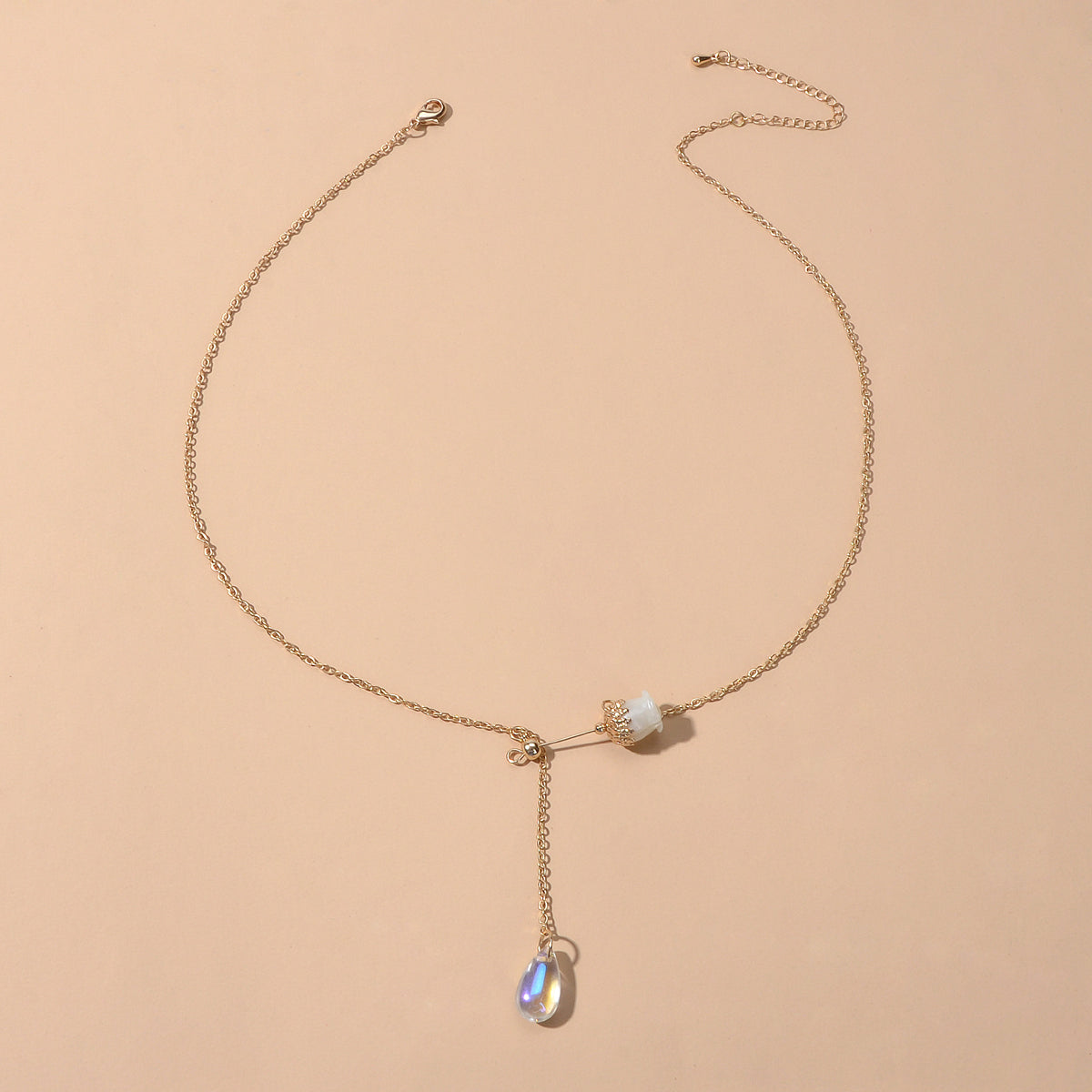 Elegant Jewellery Gold Chain Acrylic Water Drop Beads Flower Charm Y Necklace-2