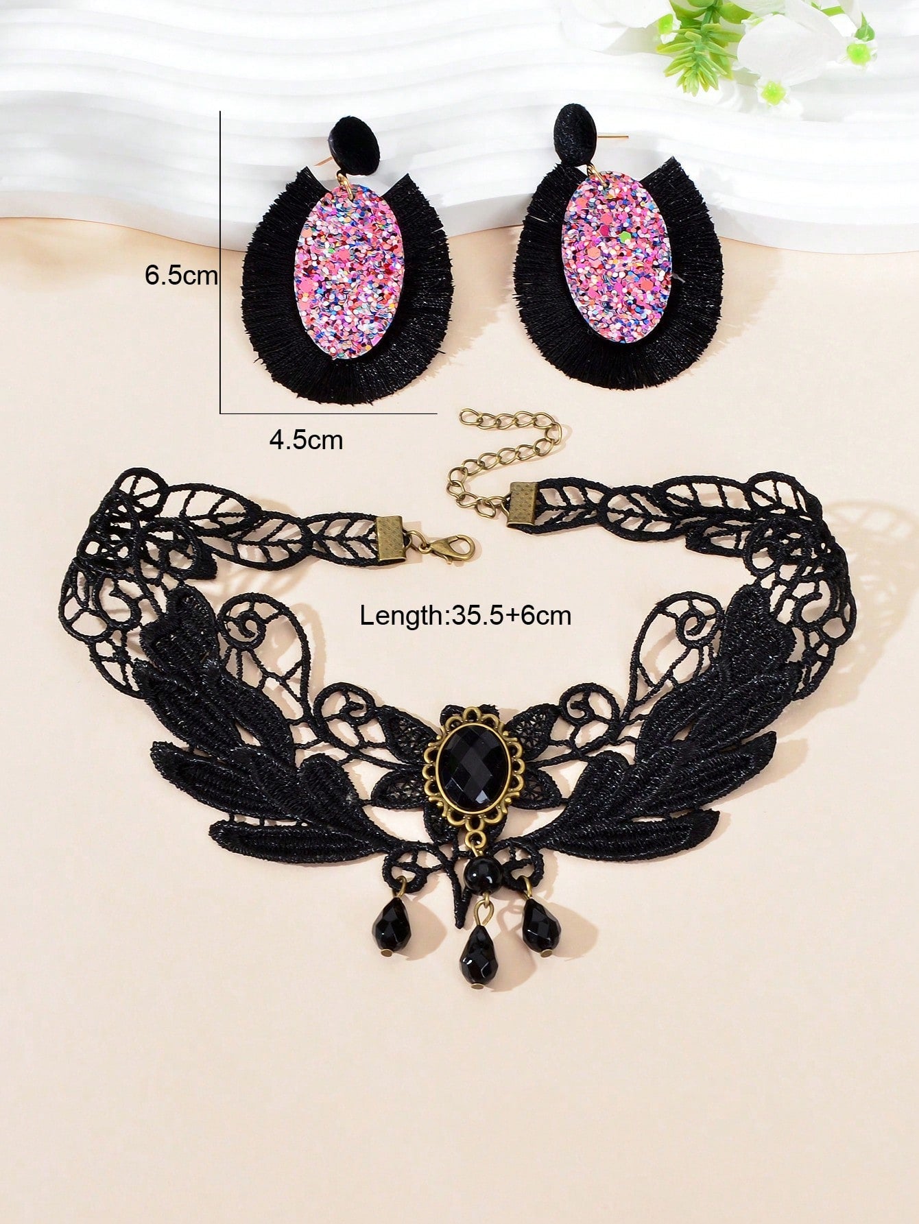 Black Punk Lace Short Necklace with Tassel Earrings Edgy Choker Jewellery Set-3