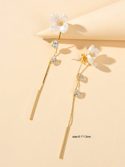 Designer Jewellery Rhinestone White Flower Long Chain Bar Charm Dangle Earrings-2