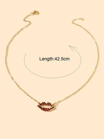 Valentine's Day Lover Gift Jewelry Gold Chain Red Rhinestone Lips Charm Necklace-2