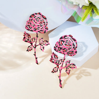 Fashion Preppy Hot Pink Hollow Metal Rose Flower Big Stud Earrings Women Anniversary Prom Jewelry-2