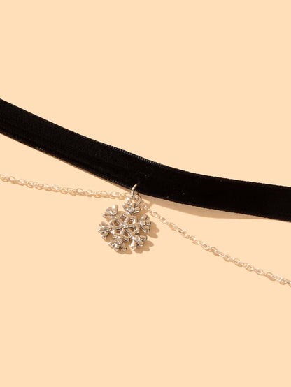 Snowflake Pendant Black Velvet Double-Layer Short Necklace-3