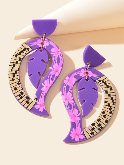 Purple Acrylic Feather Shape Earrings Statement Jewelry Party Costume Accessory-2