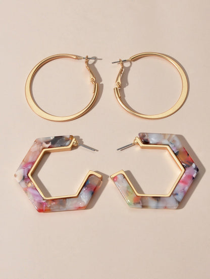 Boho Chic 2 pairs Multicolor Acrylic Square Circle Party Hoop Earrings set Gift-2
