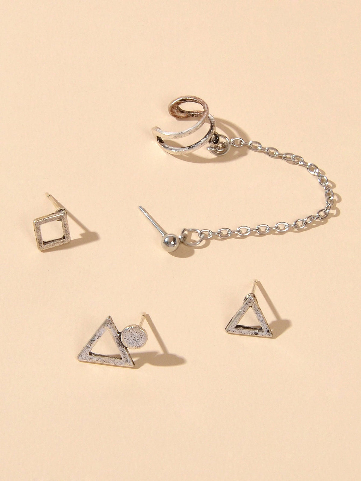 4pcs Cartilage Jewelry Antique Silver Chain Triangle Stud Earrings Boho Ear Cuff-2