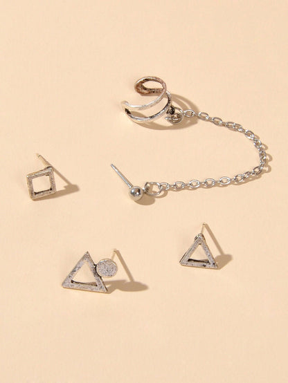 4pcs Cartilage Jewelry Antique Silver Chain Triangle Stud Earrings Boho Ear Cuff-2