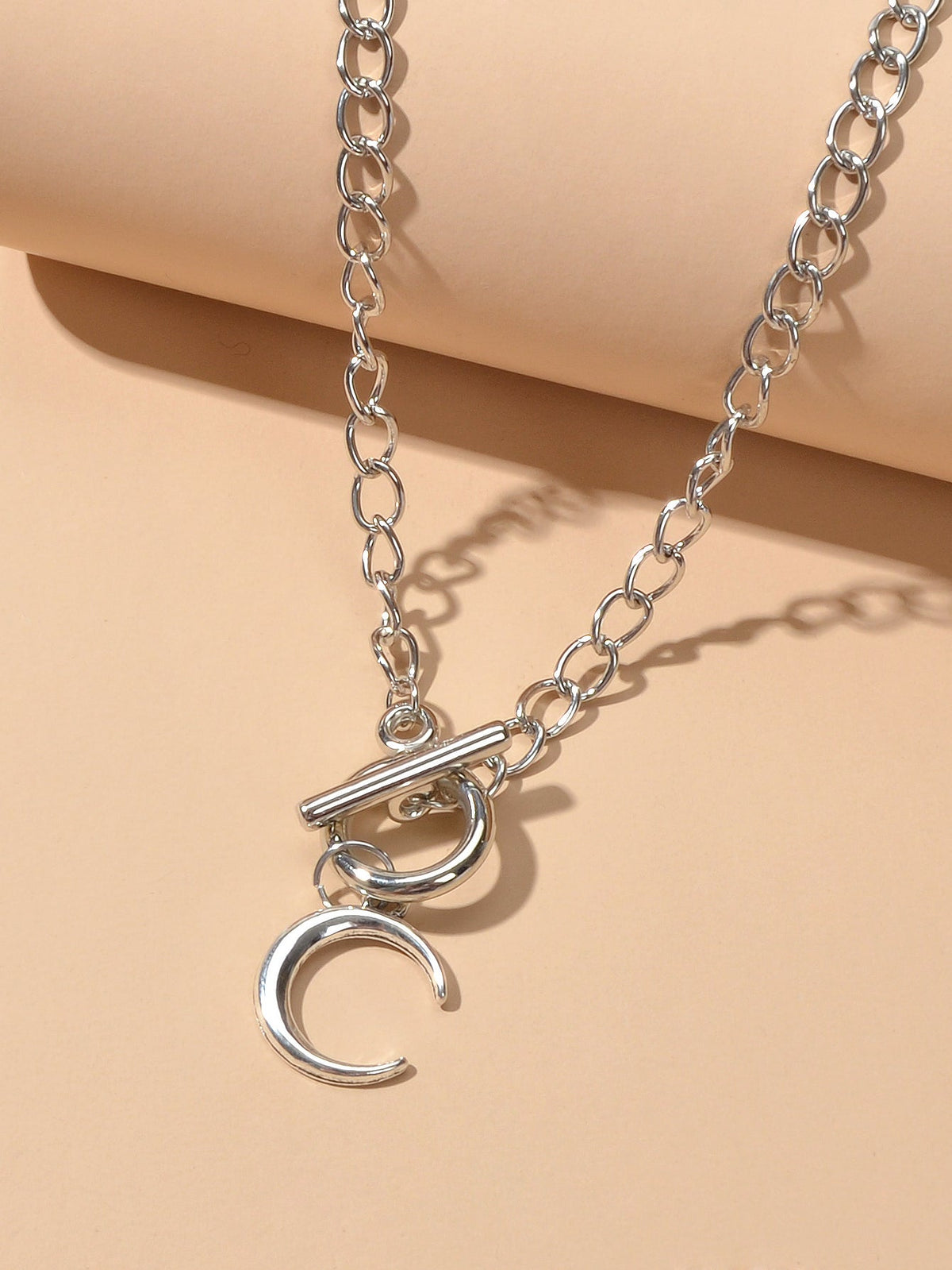 Punk Silver Chain Circle Bar Moon Pendant Necklace Party Decoration for Women-2