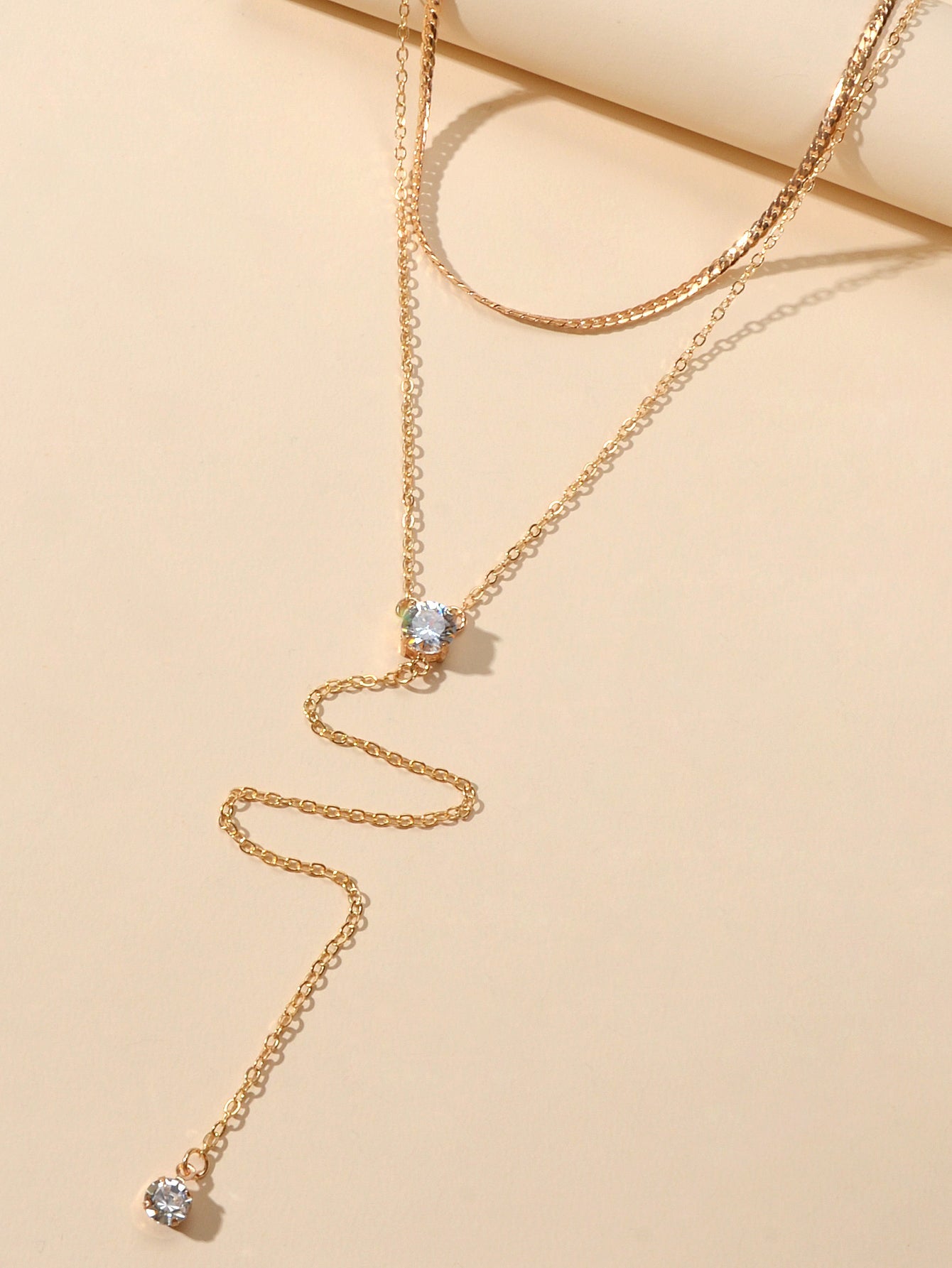 Double layer Rhinestone Decor Gold Silver Long Chain Necklace Y Shape Necklace-2