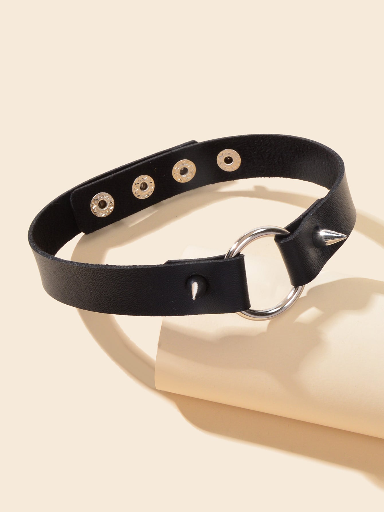 Gothic Punk Grunge Rock Black PU Leather Spike Circle Choker Adjustable Necklace-2