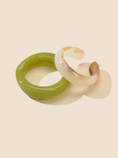 Stackable 2 pcs Beige Green Resin Chunky Multiple Bulk Pack Boho Chic Ring set-2