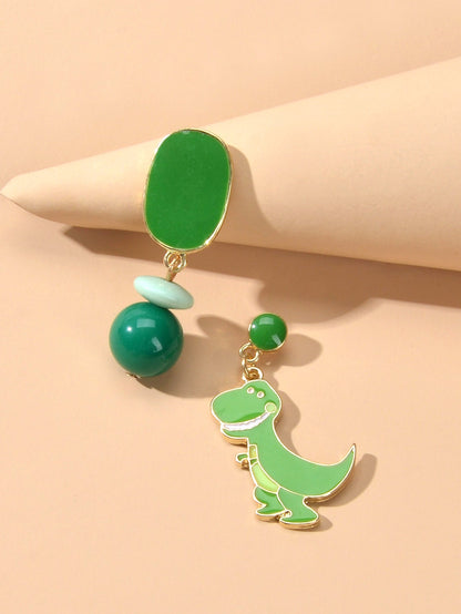 Asymmetrical Cartoon Design Green Beads Enamel Dinosaur Dangle Animal Earrings-2