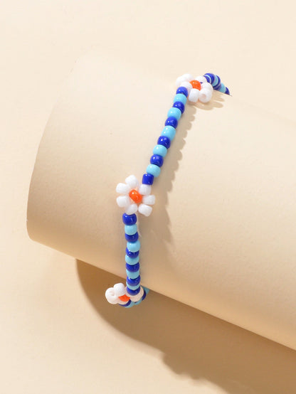 Ethnic Chic Handmade Blue Seed Beads White Flower Friendship Collection Bracelet-2