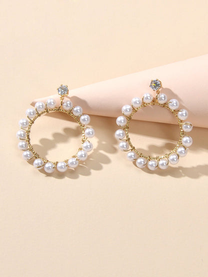 Retro Textured Jewelry Faux Pearl Decor Circle Dangle Earrings for Wedding Party-2