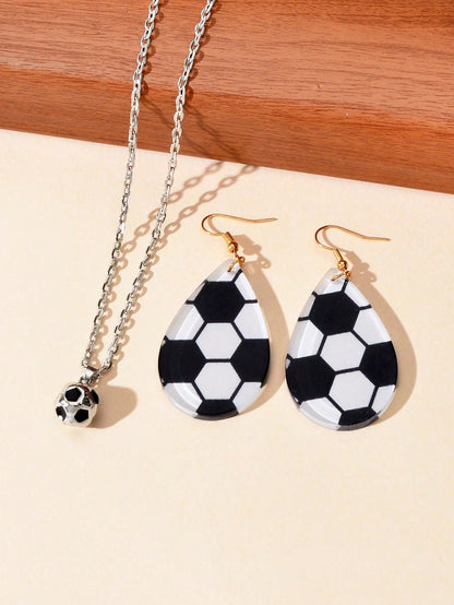 Sporty Soccer Pendant Necklace & Earrings Set - Kick up Your Style Game Jewelry-3
