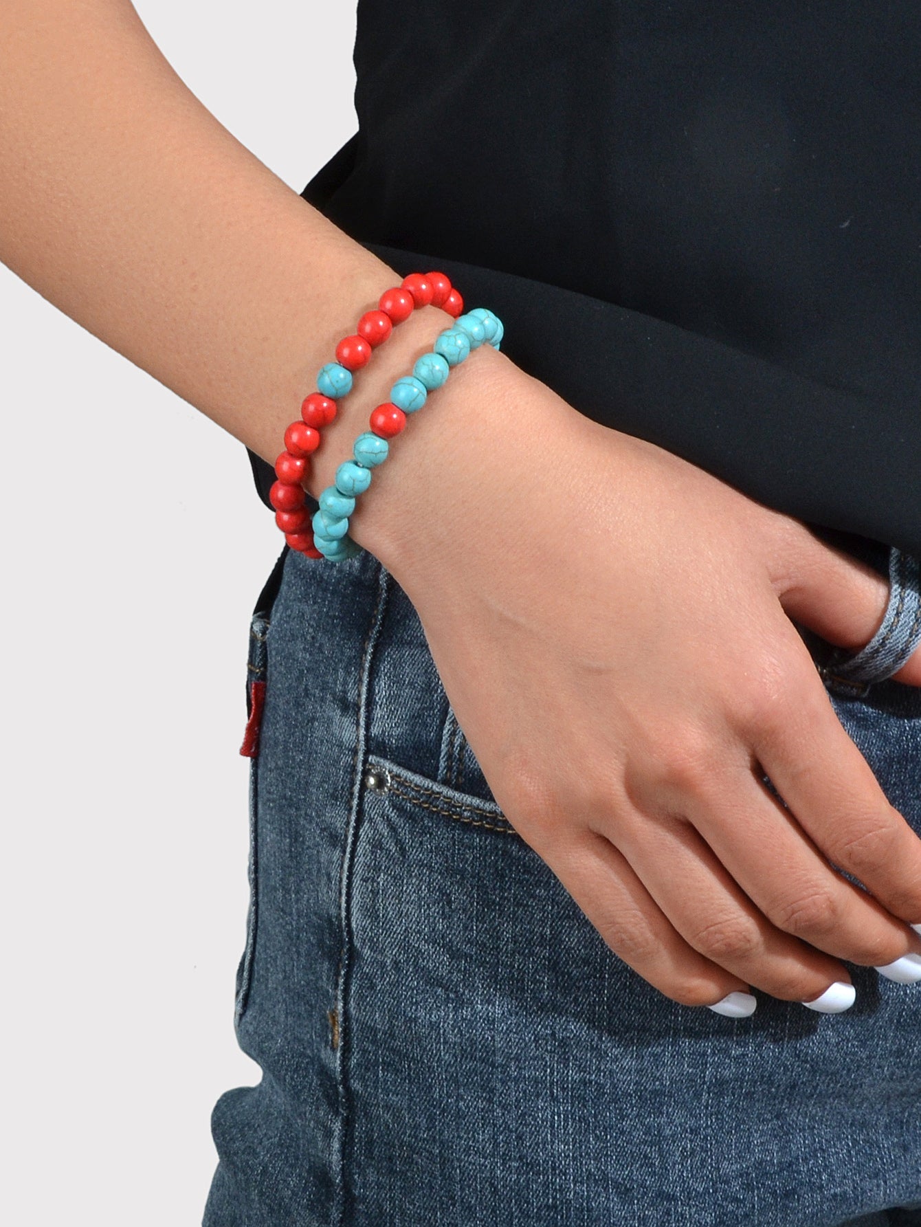 2pcs Bohemian Ethnic Handmade Red Beige Beads Turquoise Elastic Bracelets Bangle-2