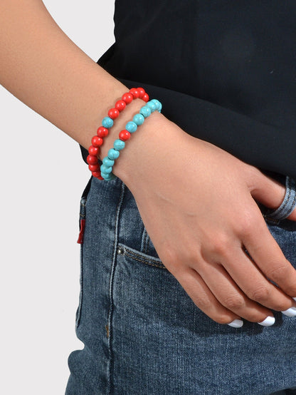 2pcs Bohemian Ethnic Handmade Red Beige Beads Turquoise Elastic Bracelets Bangle-2