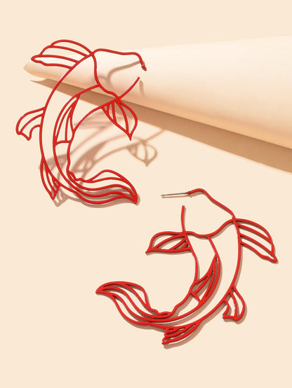 Personality Red Hollow Fish Stud Exaggerated Earrings Party Decoration for Women-0